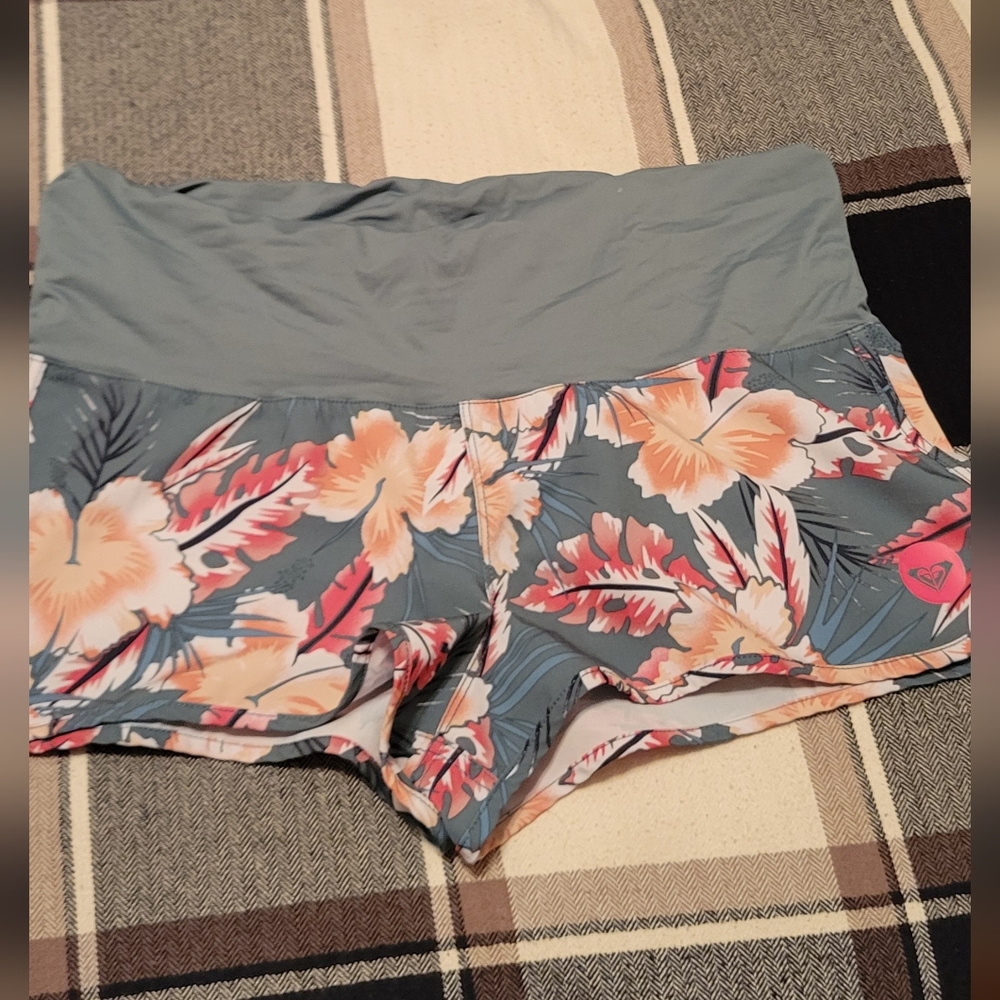Roxy Gray and Pink Swim Shorts with Floral Print
